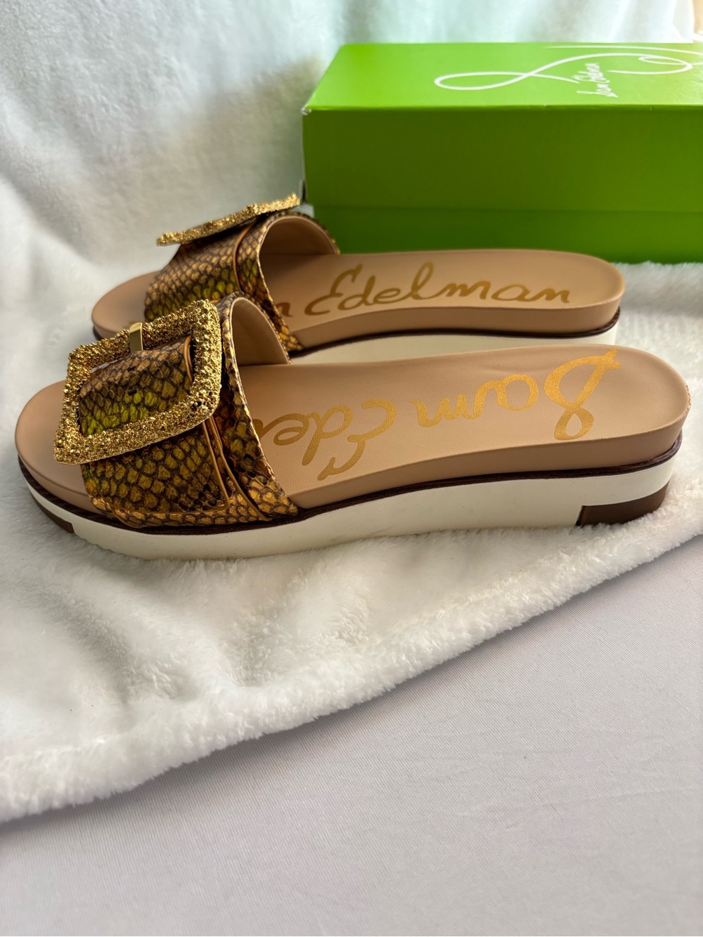 Sam Edelman Ariane 2 Leather Slide Sandals Golden Snake Print Size 9M